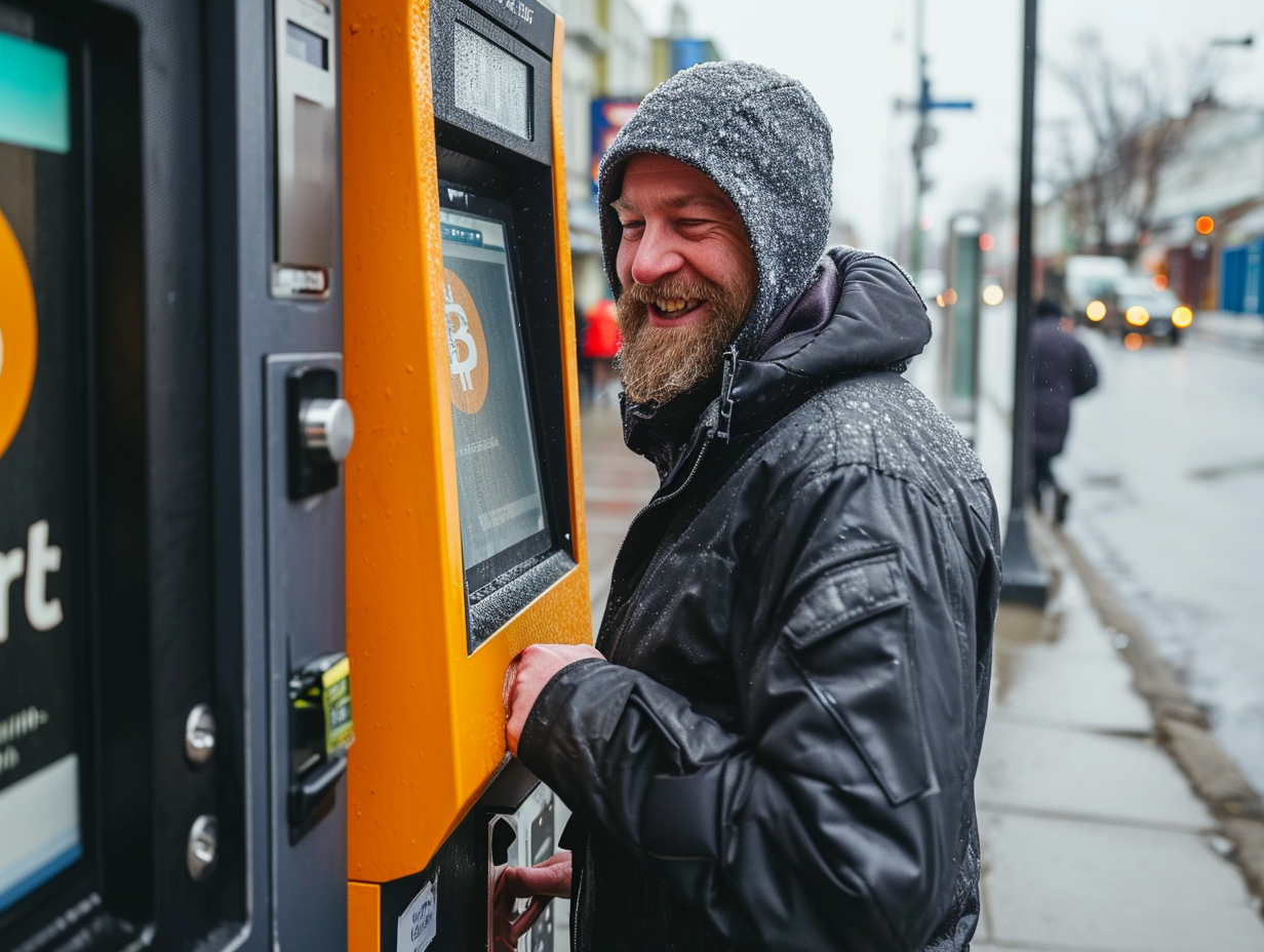 Happy man at Bitcoin machine