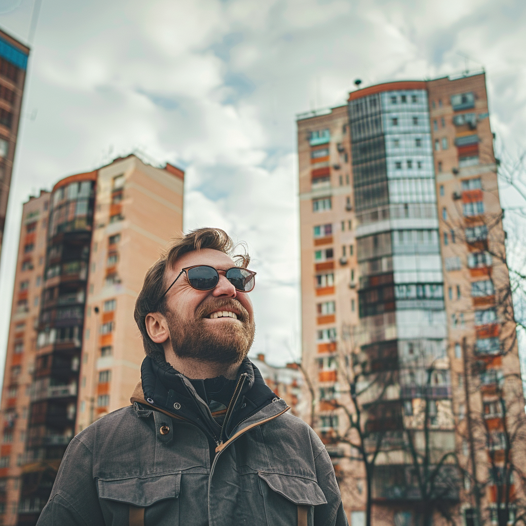 Happy man in sunglasses and jacket