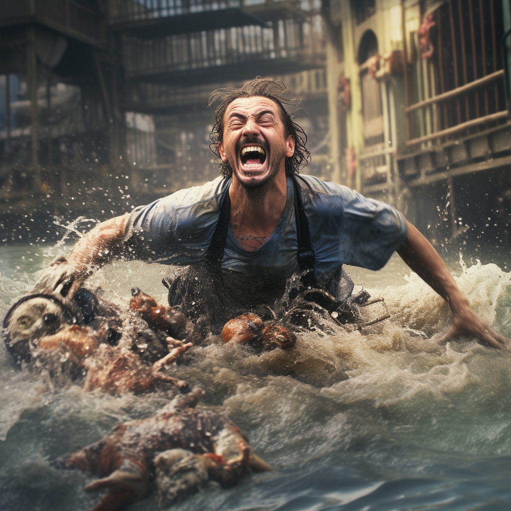 Man swimming in polluted water