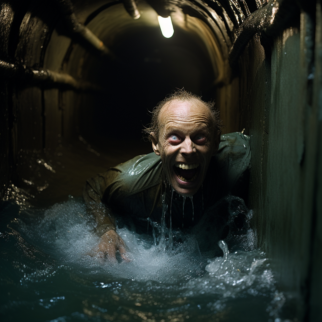 Happy man swimming in sewer