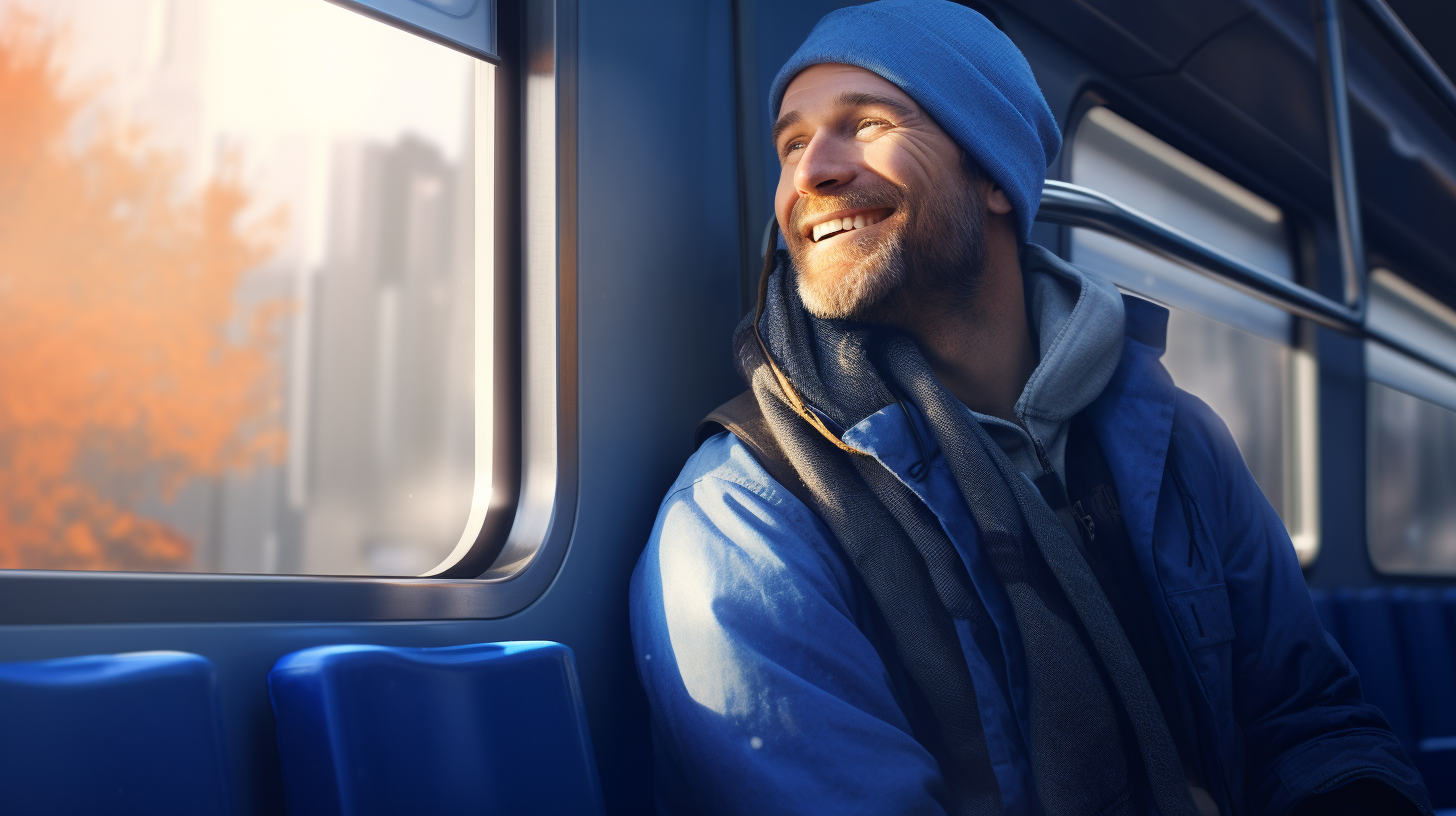 Happy man on train with blue scarf