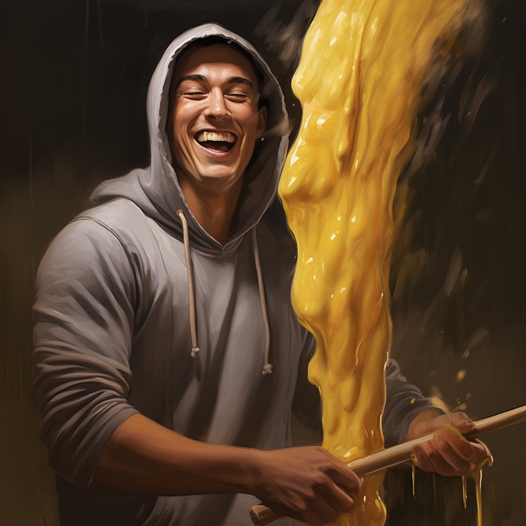 Smiling man snuggling giant melting butter stick