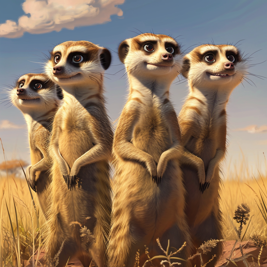 Happy meerkats in grasslands Disney style