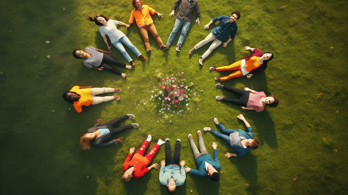 Artistic drawing of happy men in a circle on grass