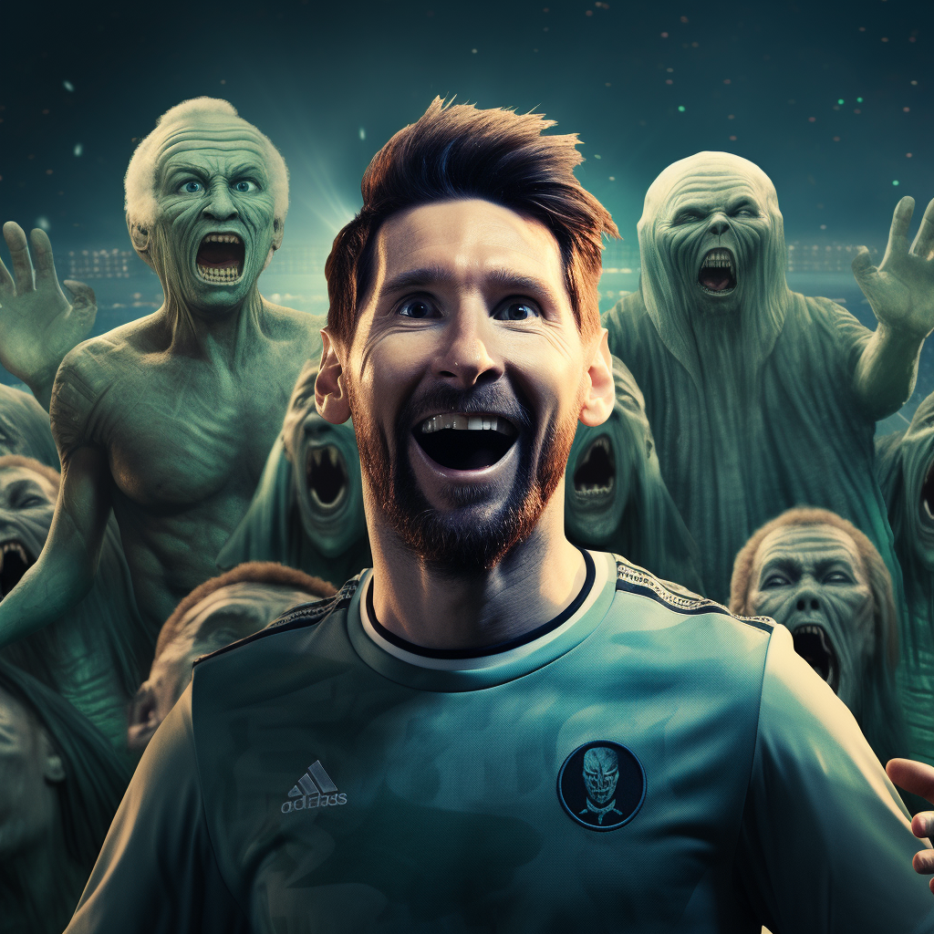 Happy Messi posing with aliens