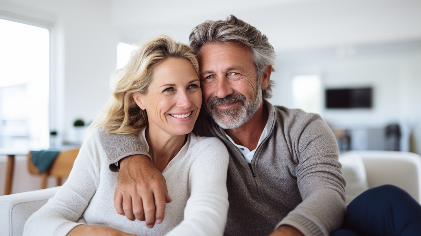 Smiling middle age couple enjoying their living room