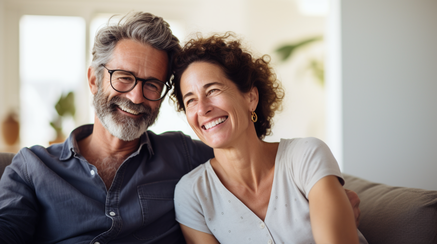 Happy middle age couple sitting in living room