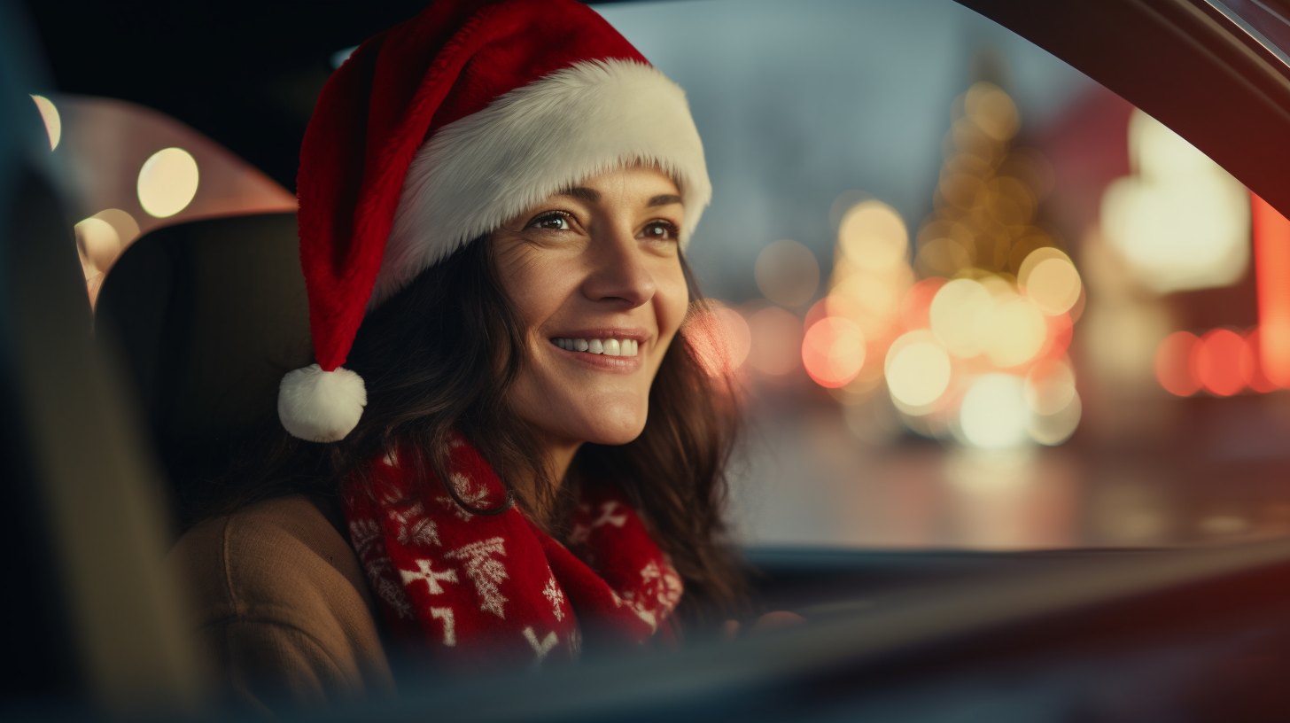 Happy woman driving car with Santa hat