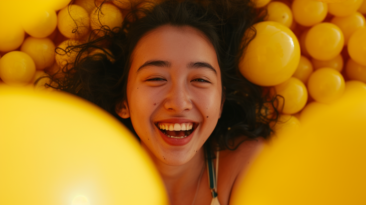 Happy mixed race woman in yellow ballpit