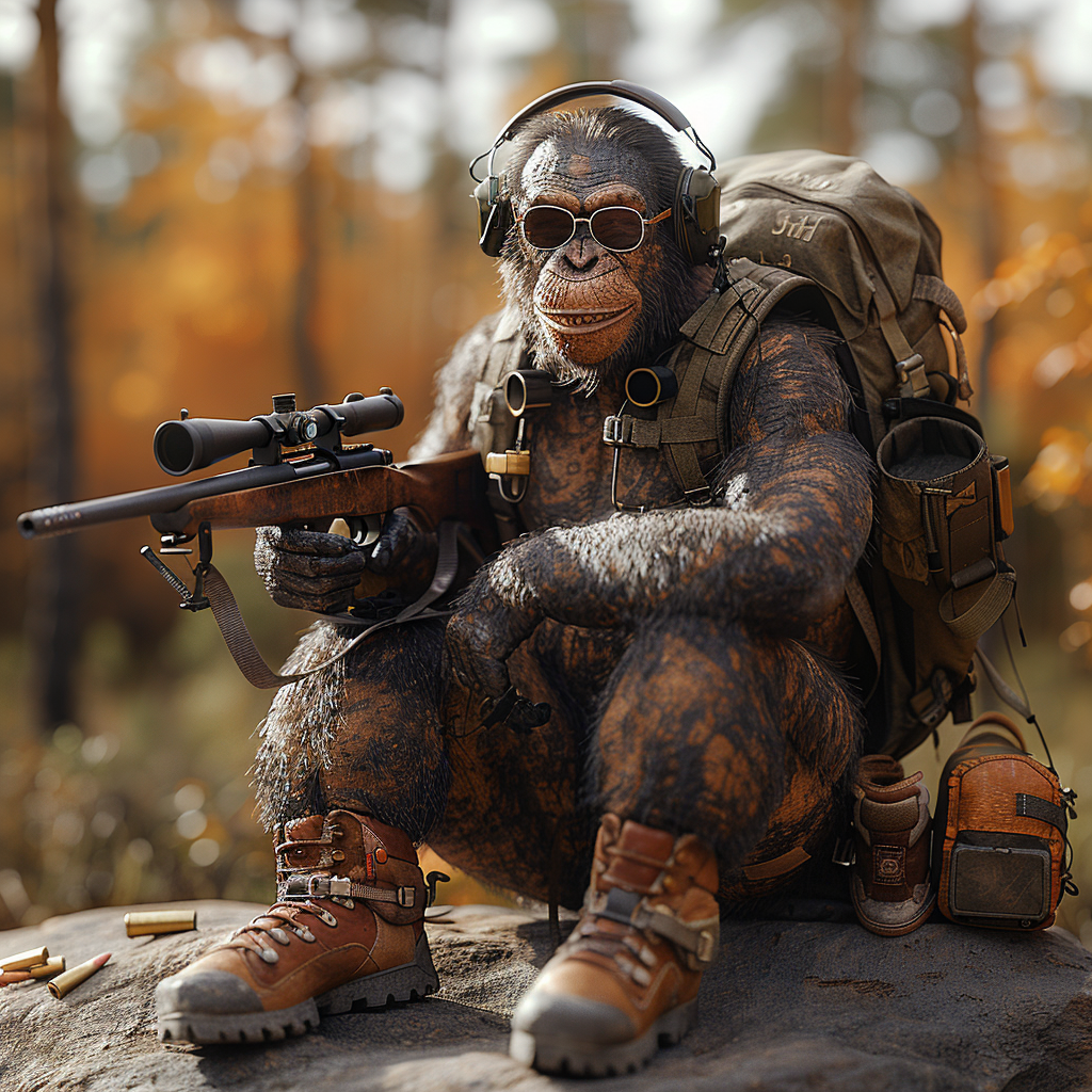 Happy monkey on boulder with rifle