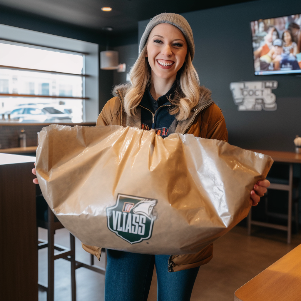 Happy woman holding a giant takeout bag at Superbowl party