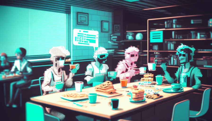 Group of happy nerds enjoying coffee and pastry