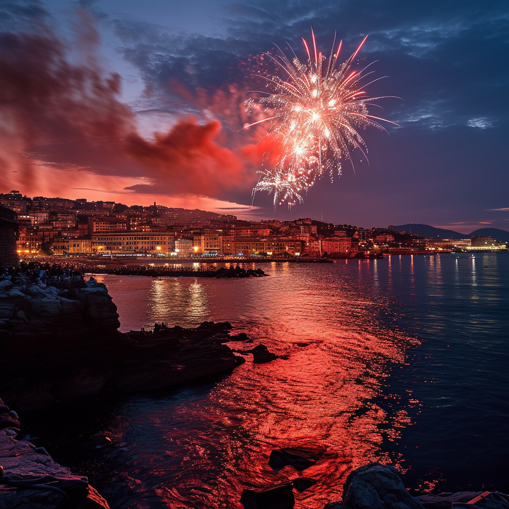 People enjoying fireworks over Genoa's evening celebration