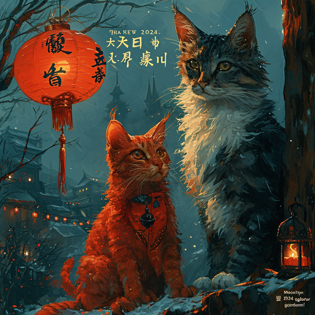 Festive New Year Postcard with Chinese Dragon and Grey Cat