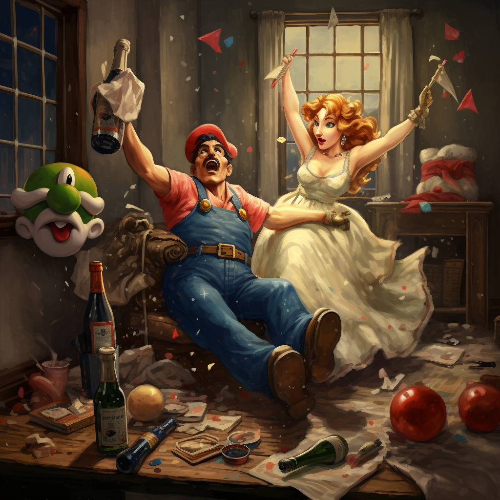 Joyful Super Mario partying with Princess Peach