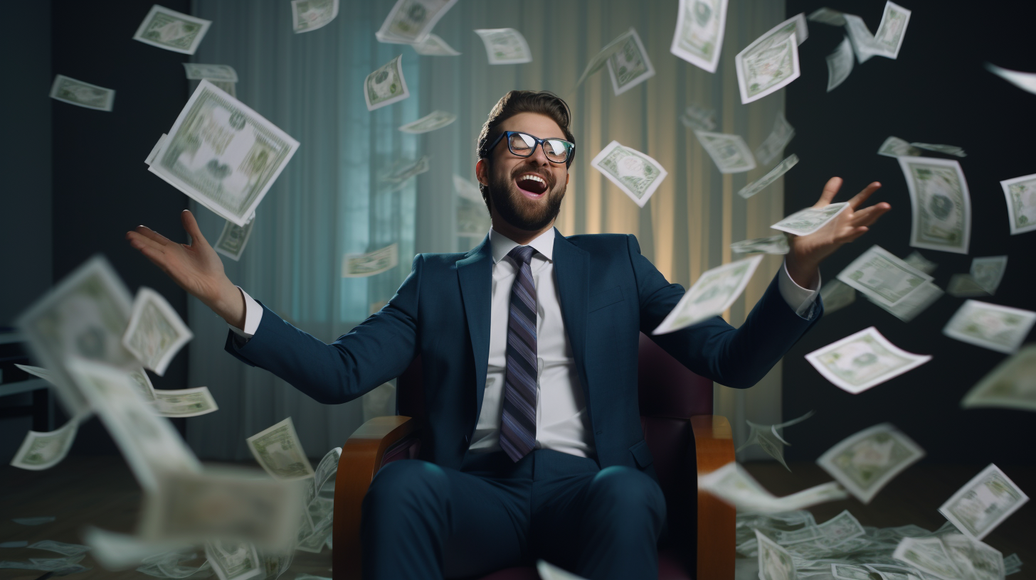 Young happy employee celebrating freedom from routine work