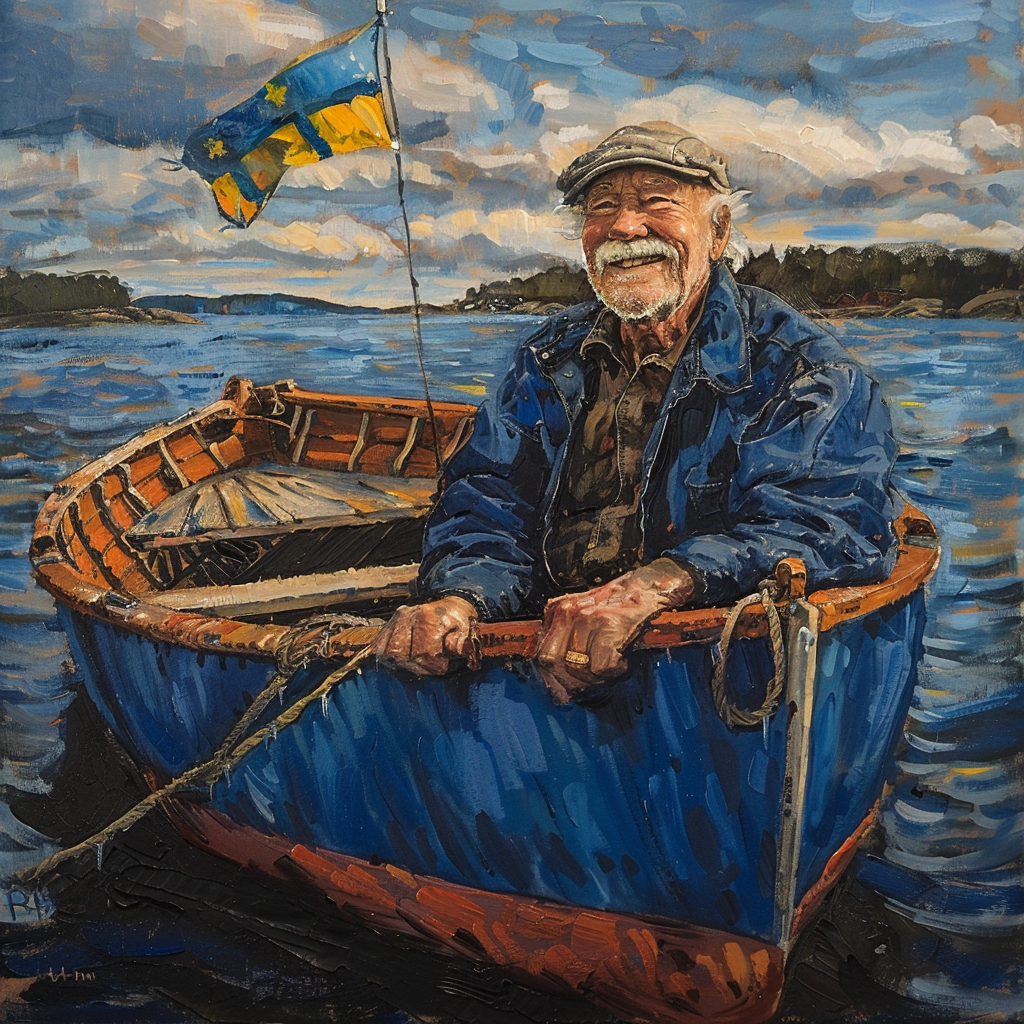 Elderly man in blue boat Swedish flag