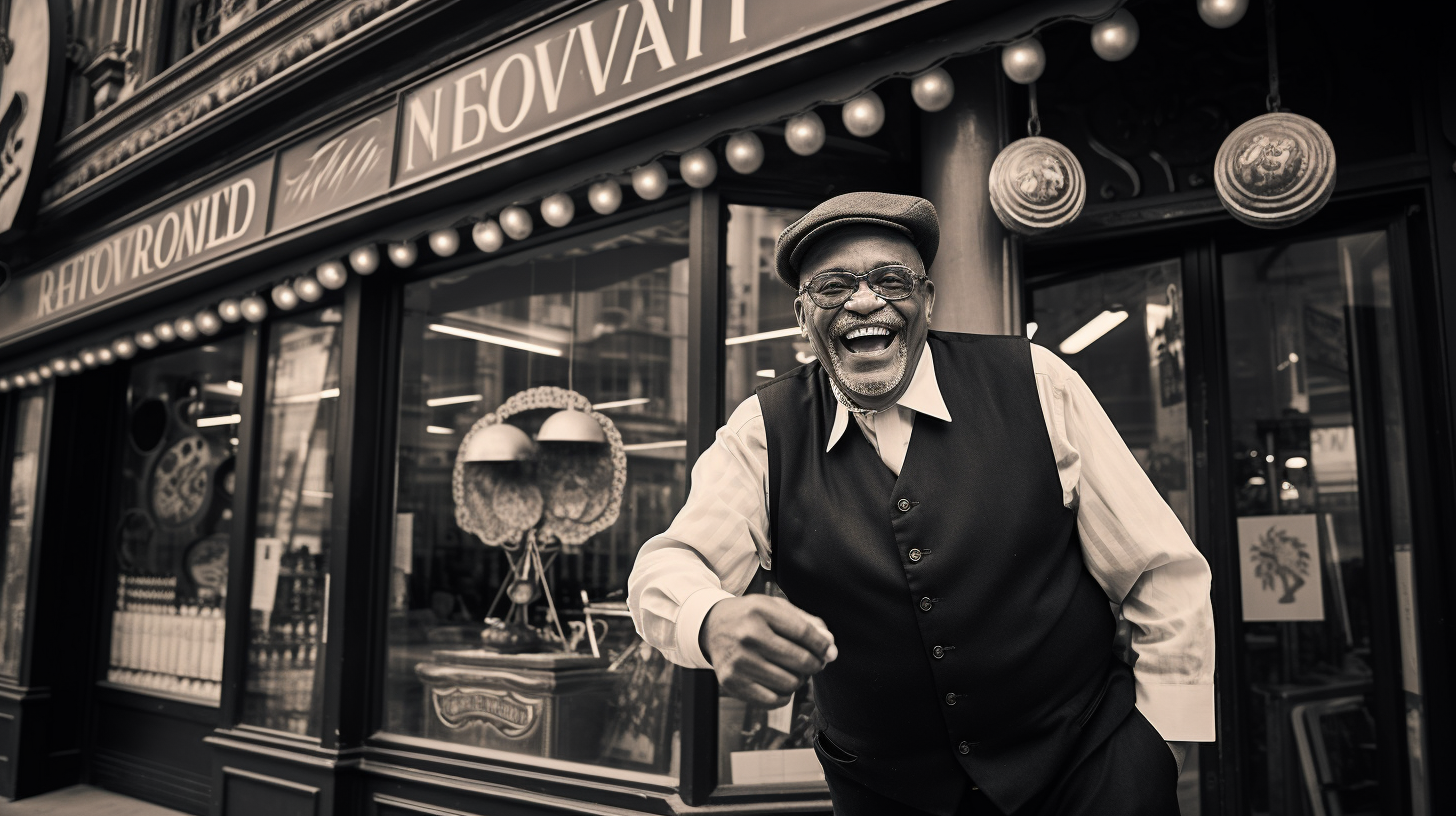 Happy overweight store owner in city