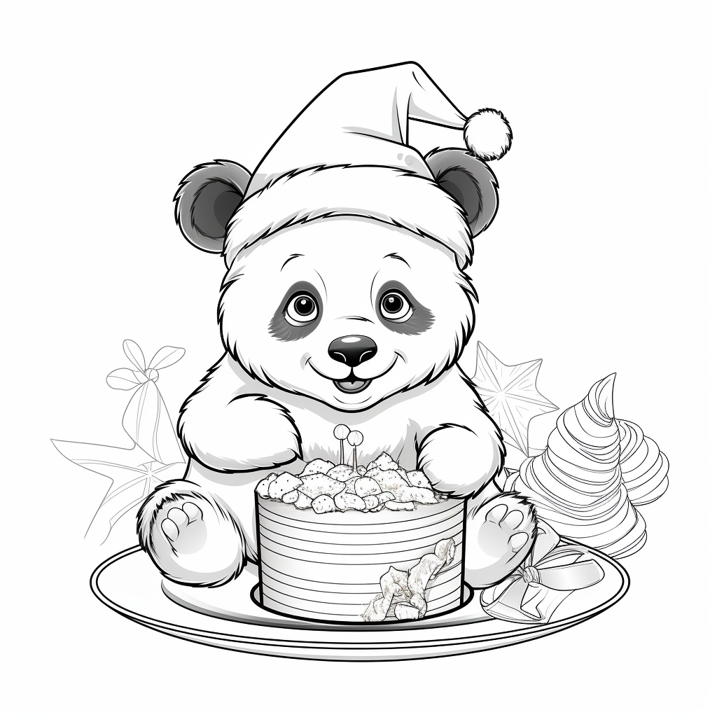 Happy panda wearing Christmas hat eating cake in kitchen