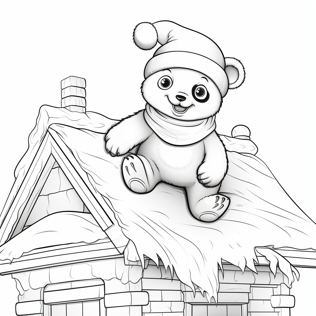 Happy panda wearing Christmas hat climbing roof