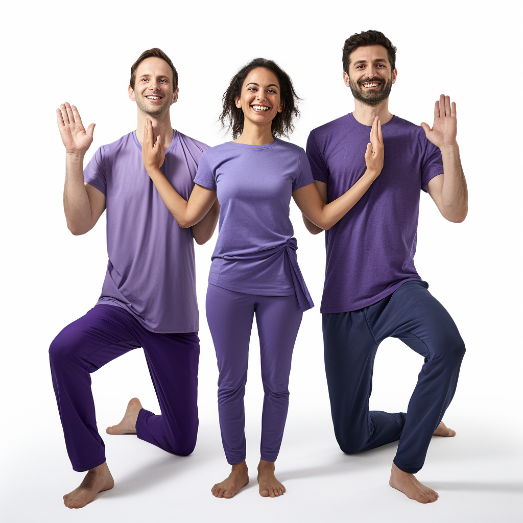 happy people doing yoga in blue purple clothes