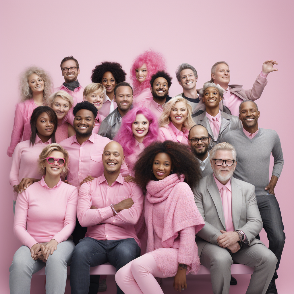 Happy People in Pink, Grey, Black and White