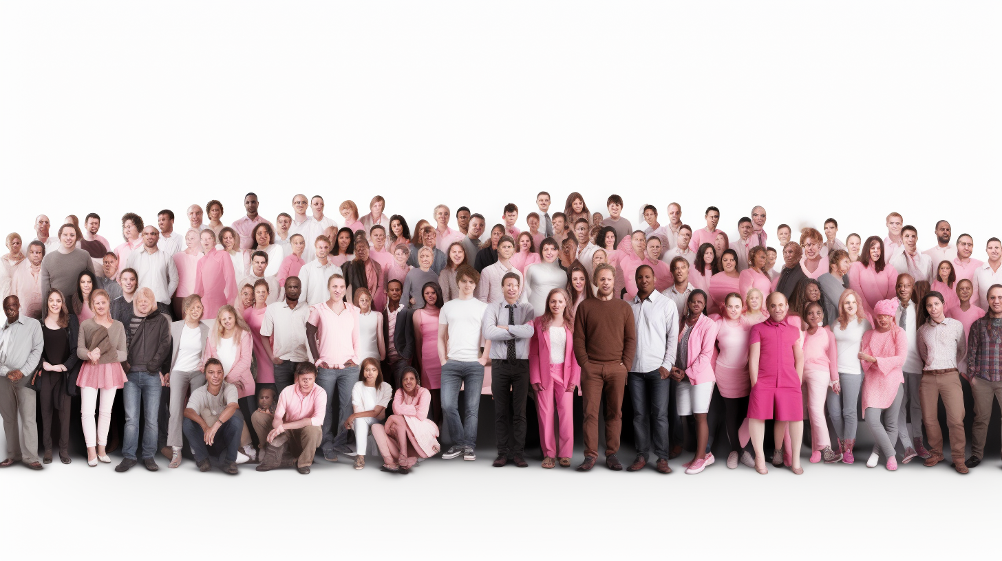 Group of Happy People in Pink, Grey, White Clothing