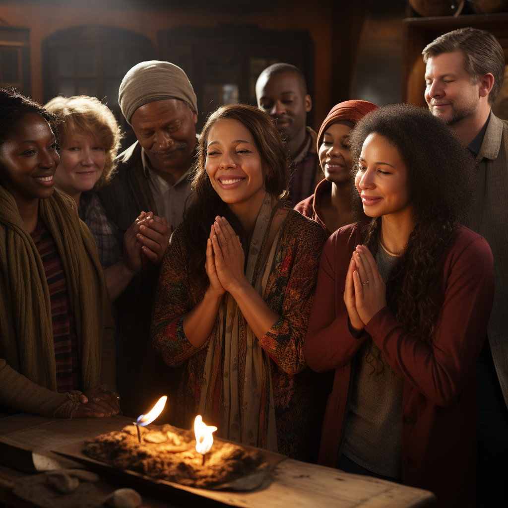 Happy people praying in movie still