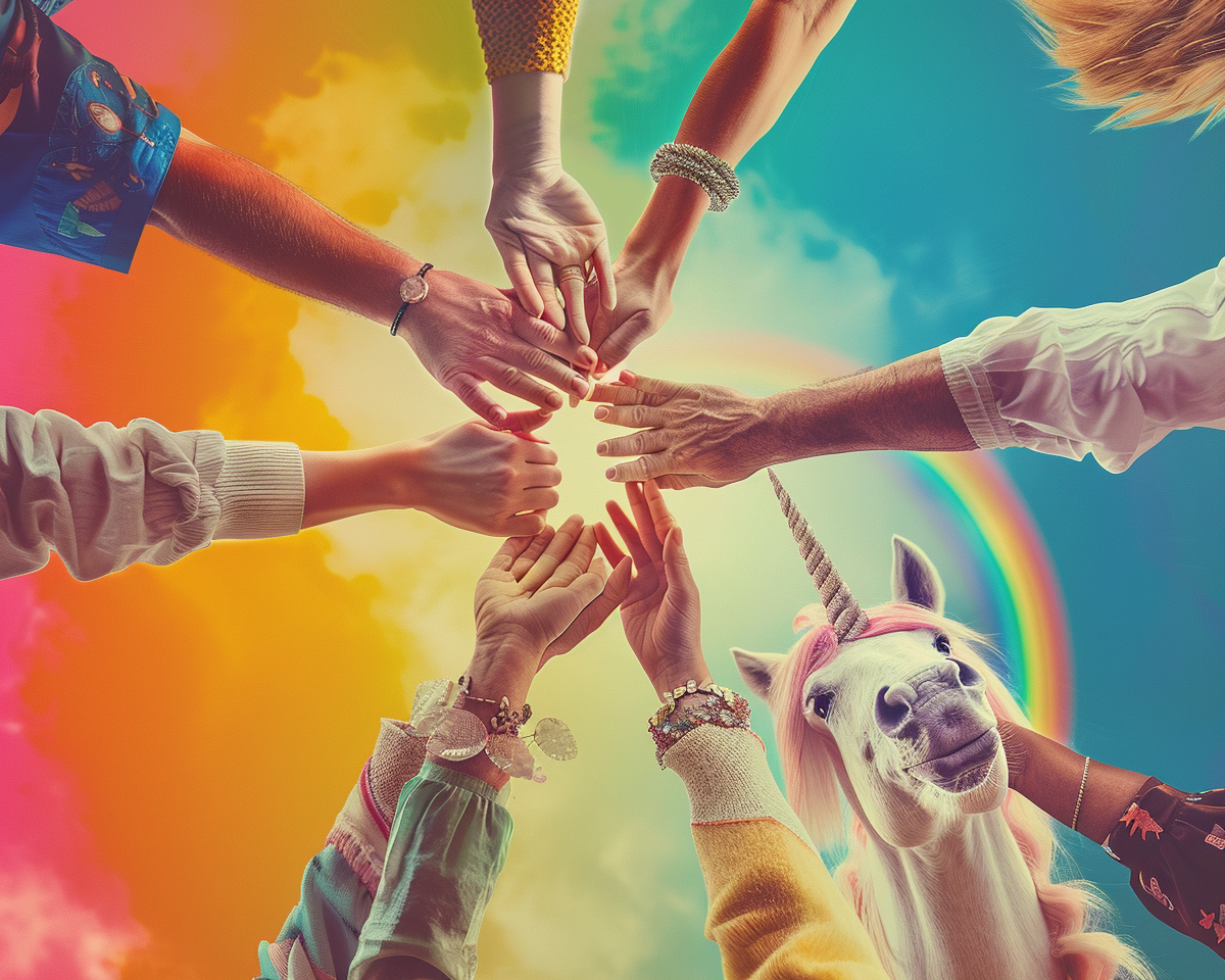 Happy people holding hands rainbow unicorn