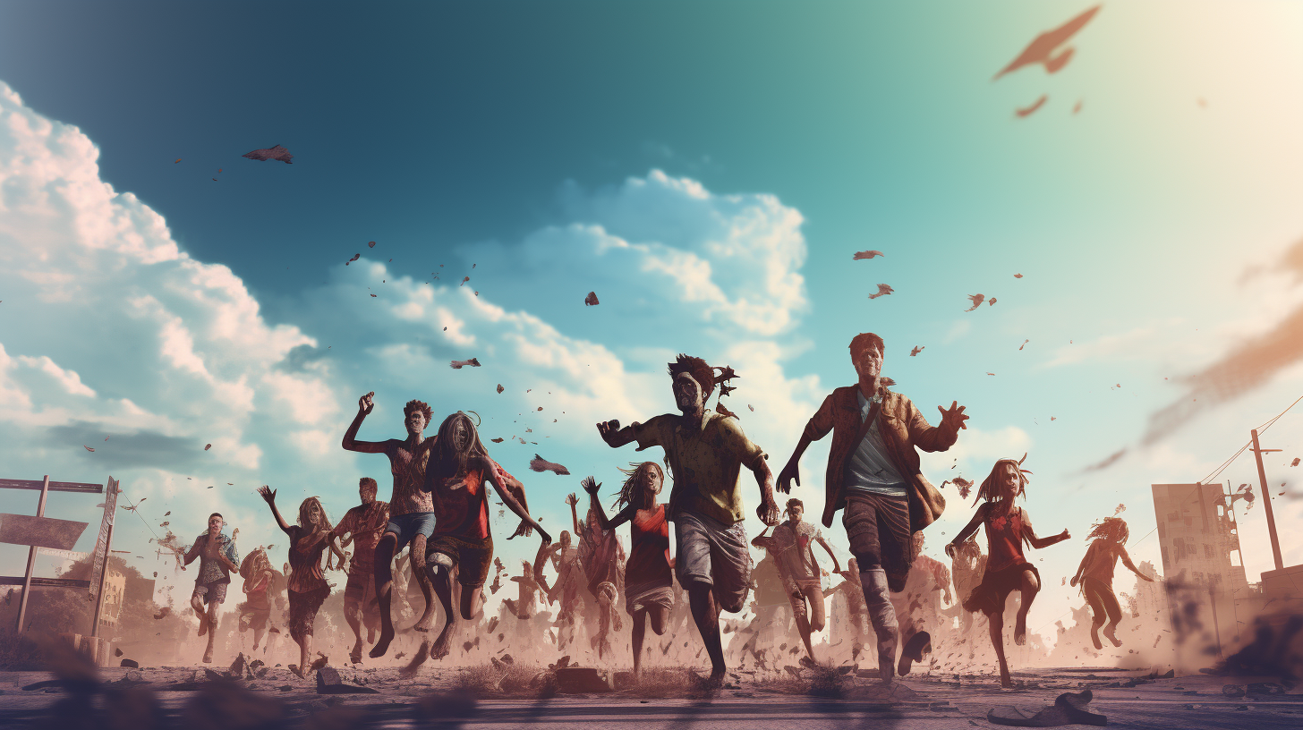 Group of Happy People Skipping Zombie Apocalypse