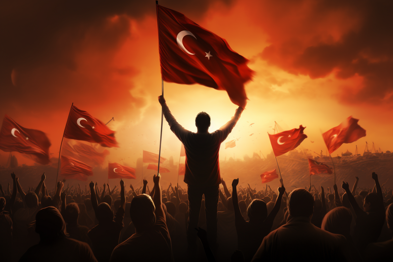 Happy people waving Turkish flags in a cinematic image