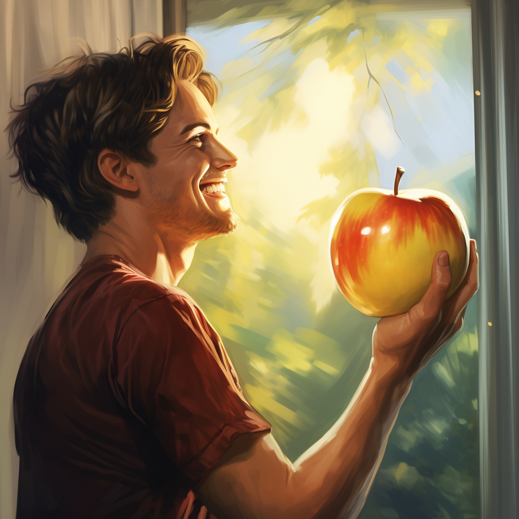 A happy person with an apple in a bright view