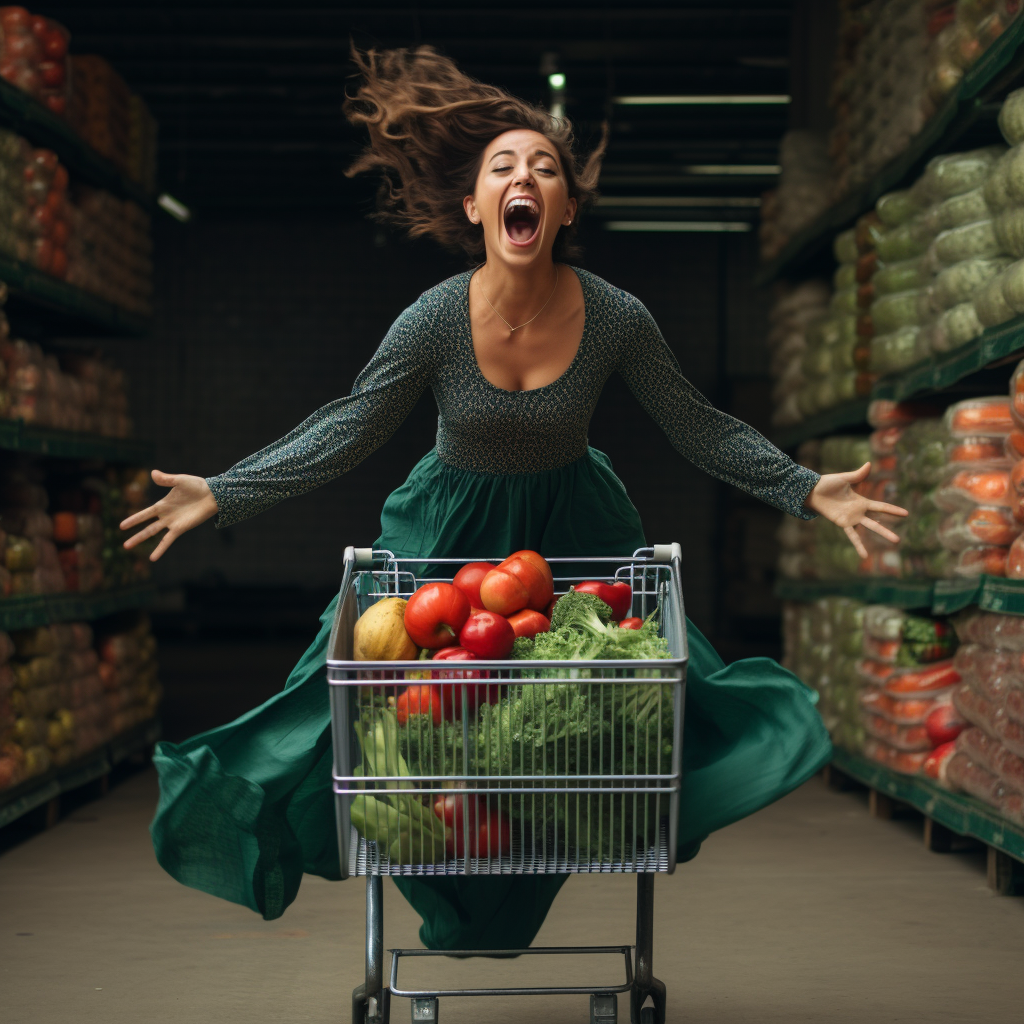 Happy person dancing with a grocery cart