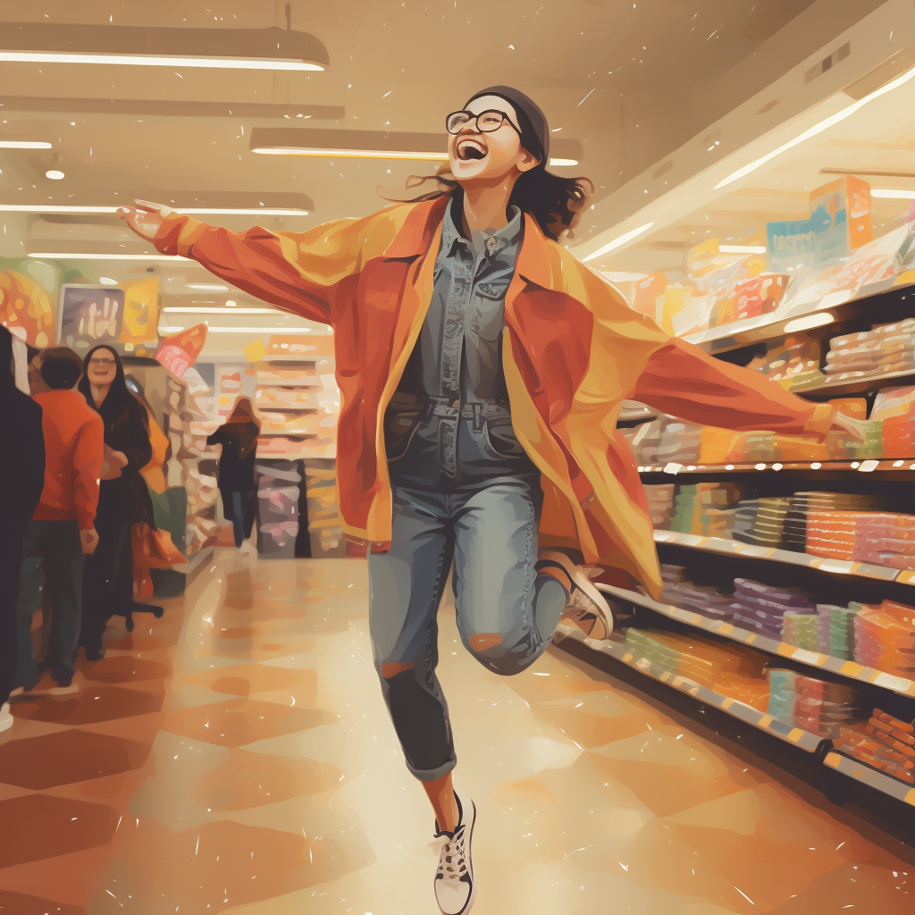 Happy person dancing in grocery store