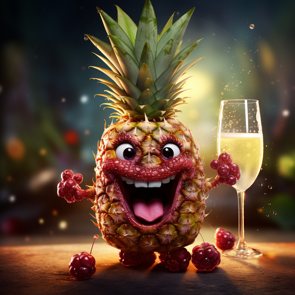 Smiling pineapple with red wine glass