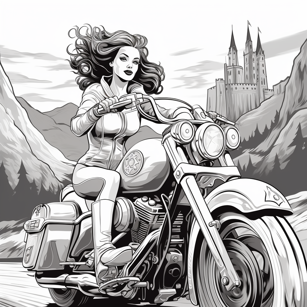 Happy Princess on Harley Davidson with Mountains and Castle