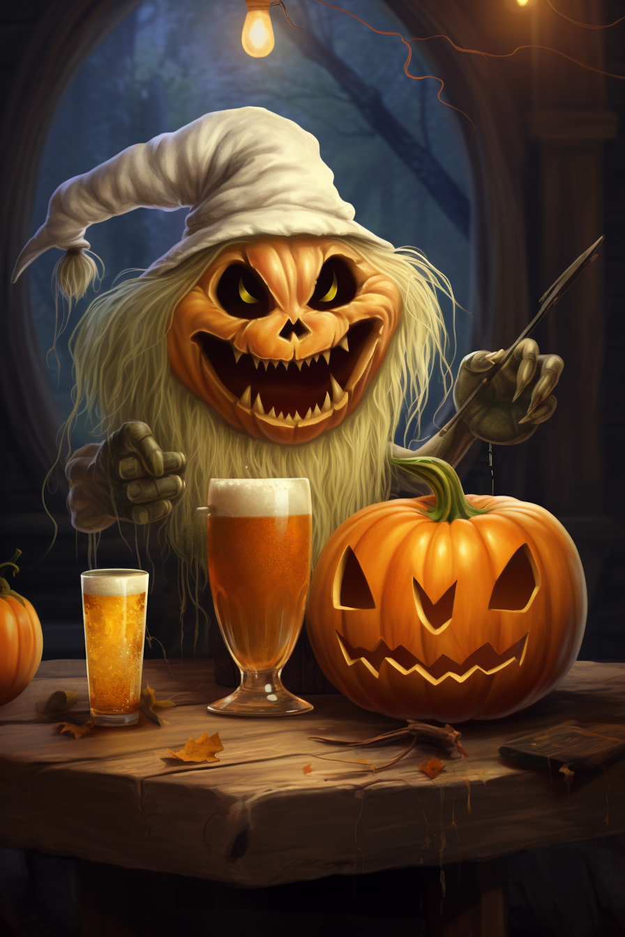 Cute Halloween illustration of a happy pumpkin having a beer