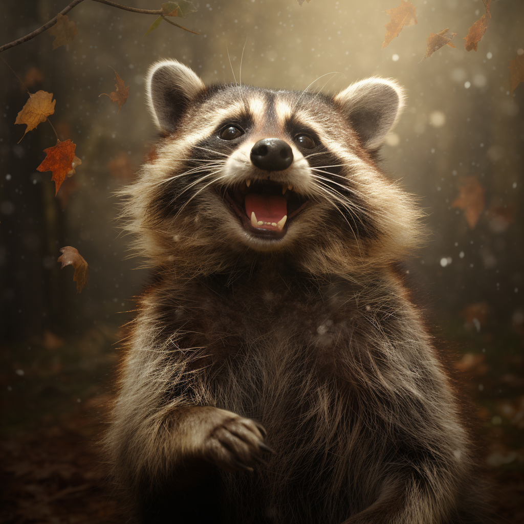 Happy raccoon with familiar pet