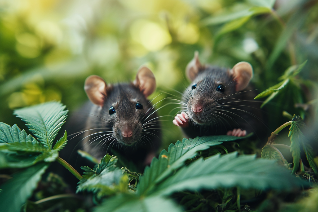 Two happy rats eating cannabis leaves