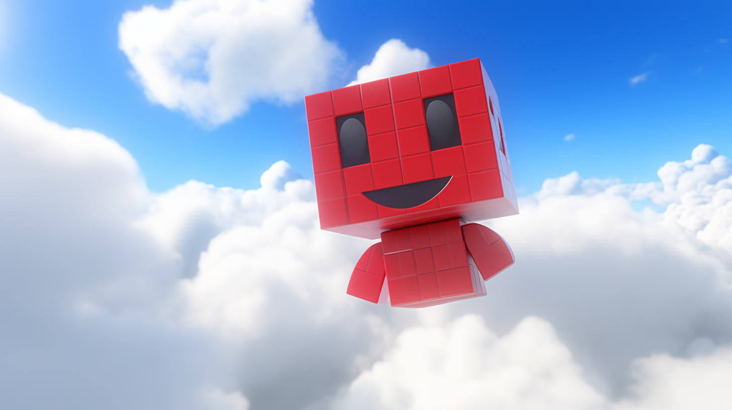 Happy red Roblox character in cloudy sky