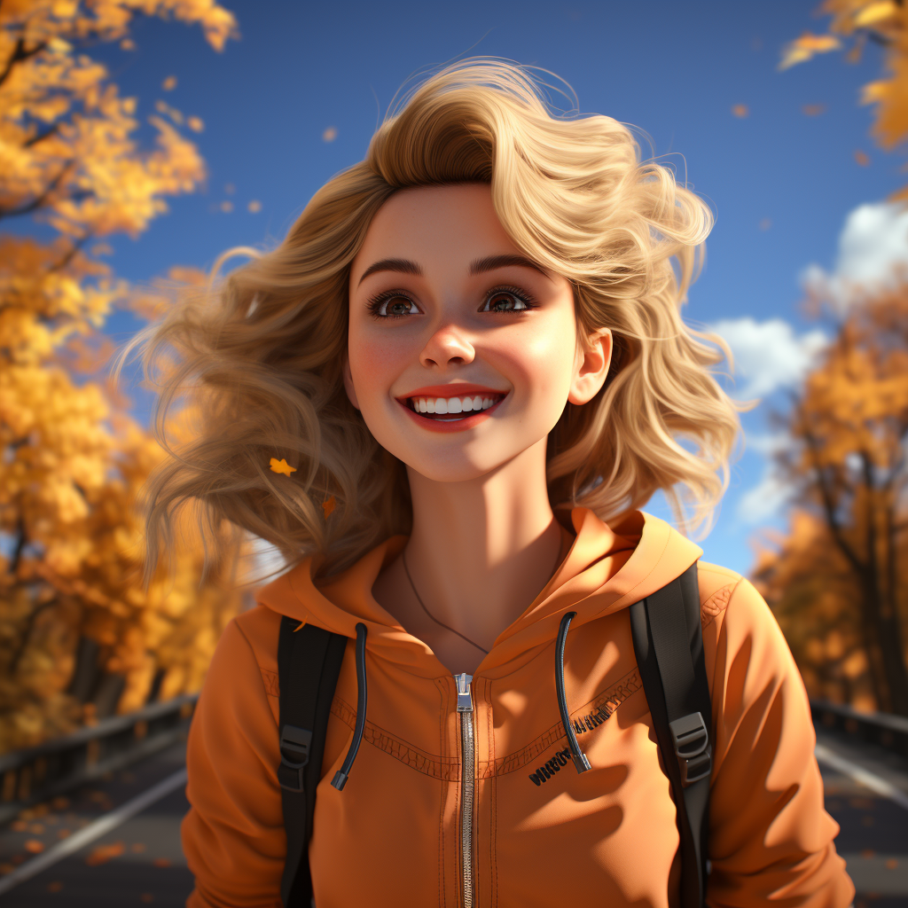 Blonde woman in athletic wear running on road in fall