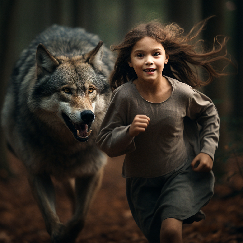 Girl running happily with wolf in forest