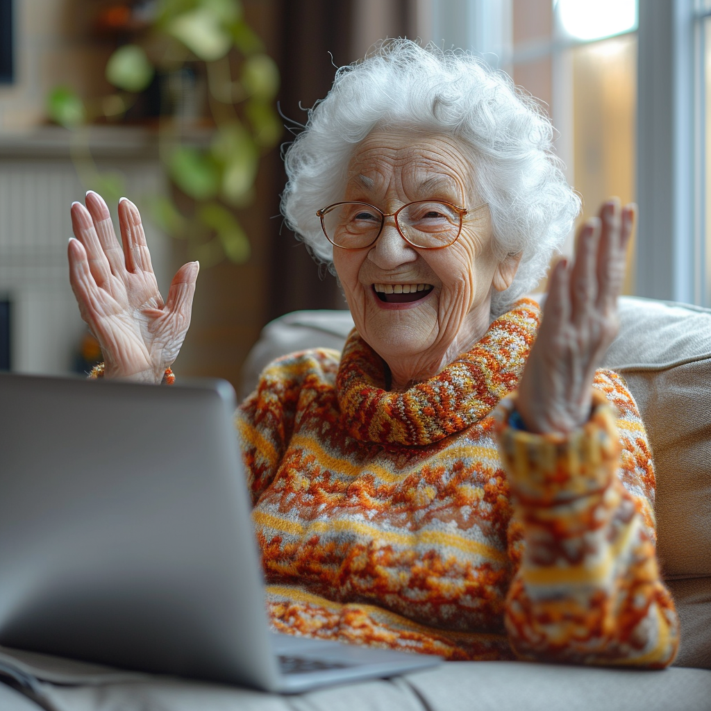 Happy senior woman stretching at home