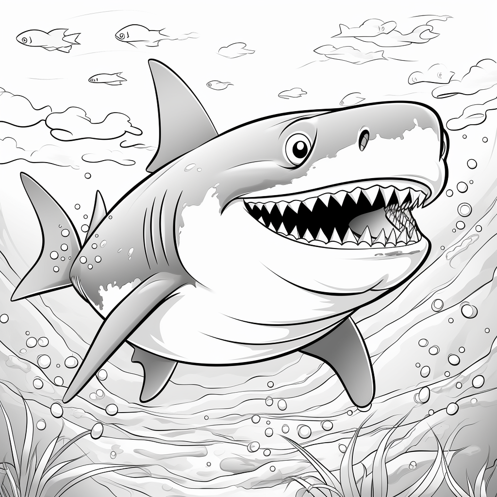 Black and white coloring book image of a happy shark wearing swim trunks