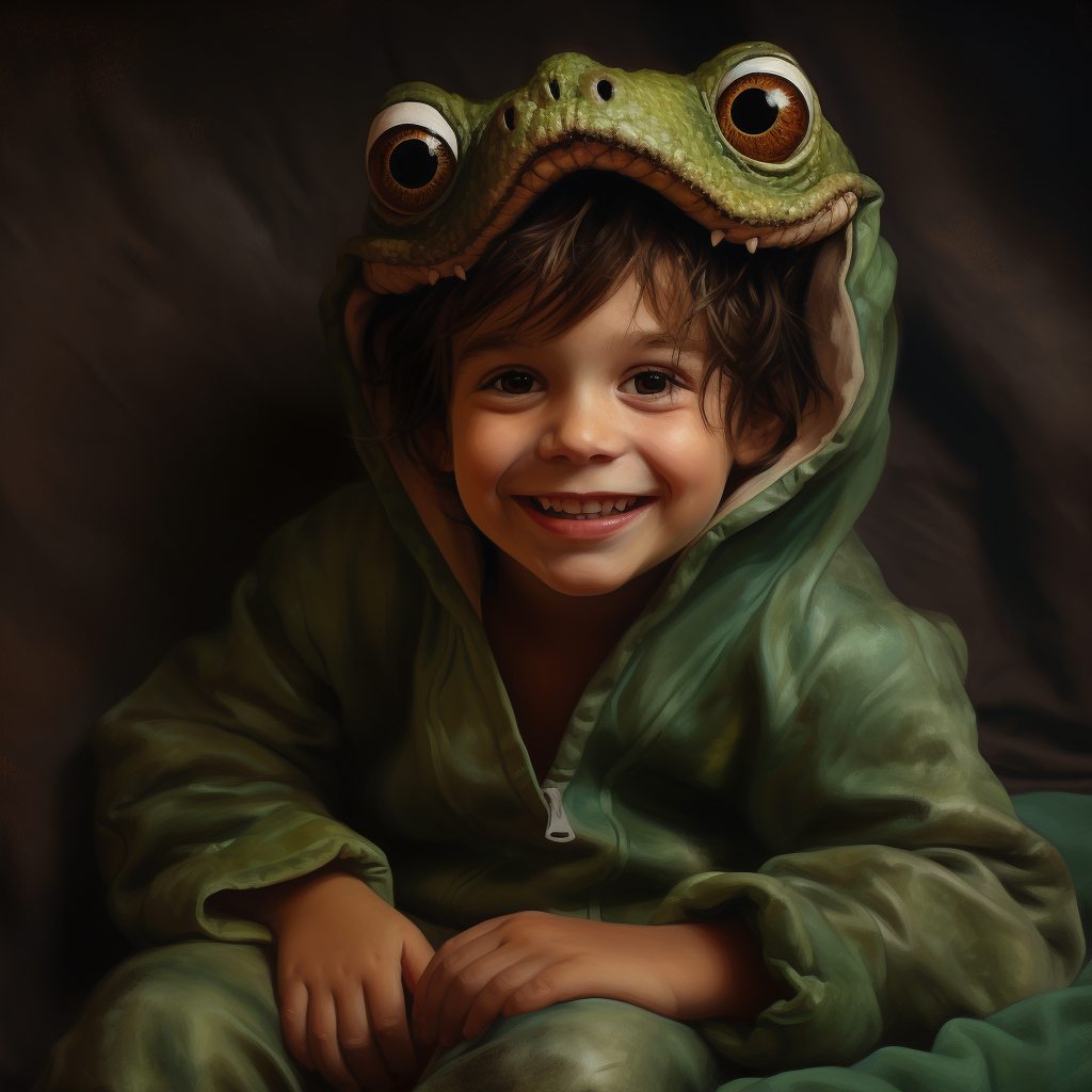 Smiling child in frog costume