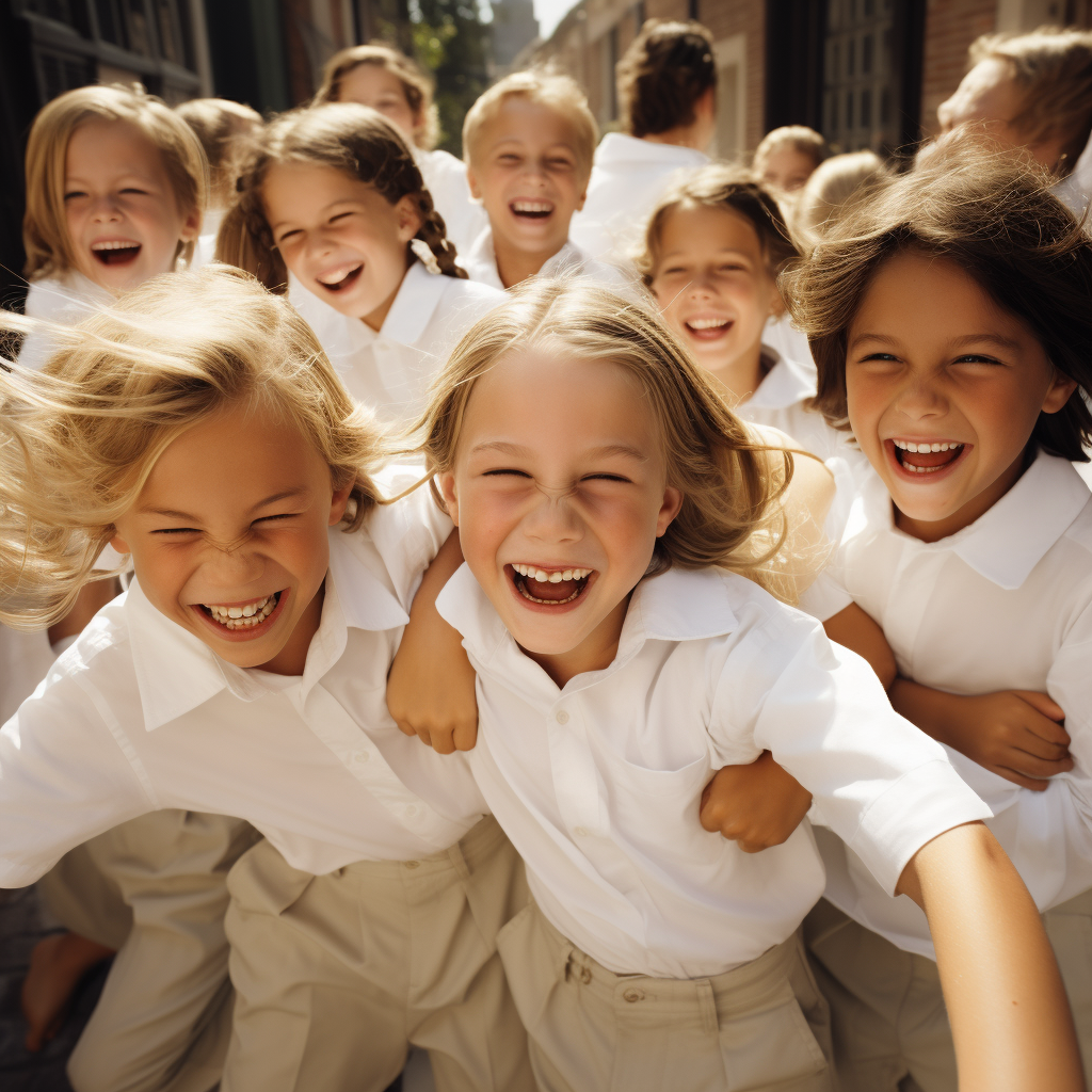 Smiling kids in white shirts