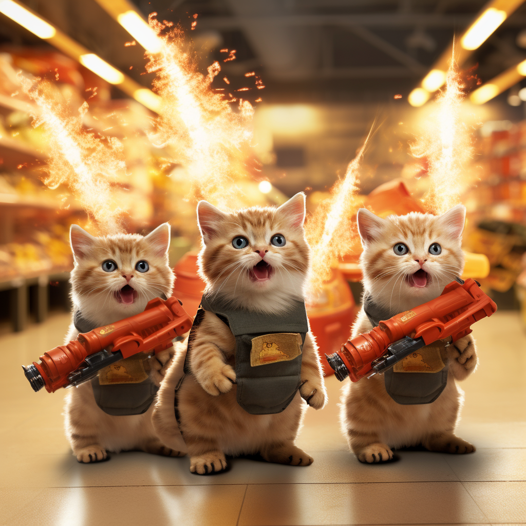 Happy kittens with flamethrowers causing Halloween mayhem