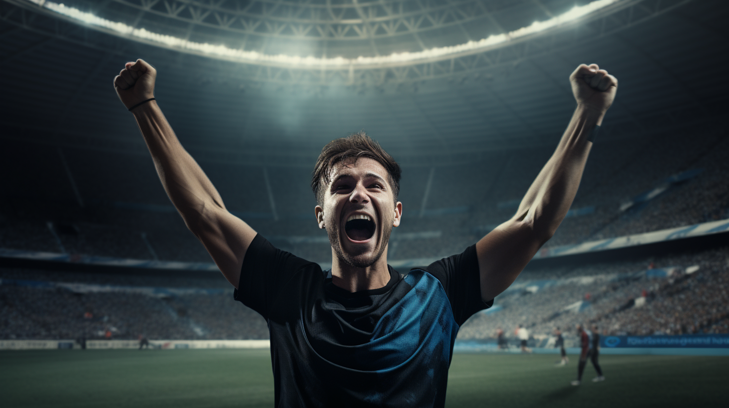 Happy Soccer Player Celebrating Goal in Stadium