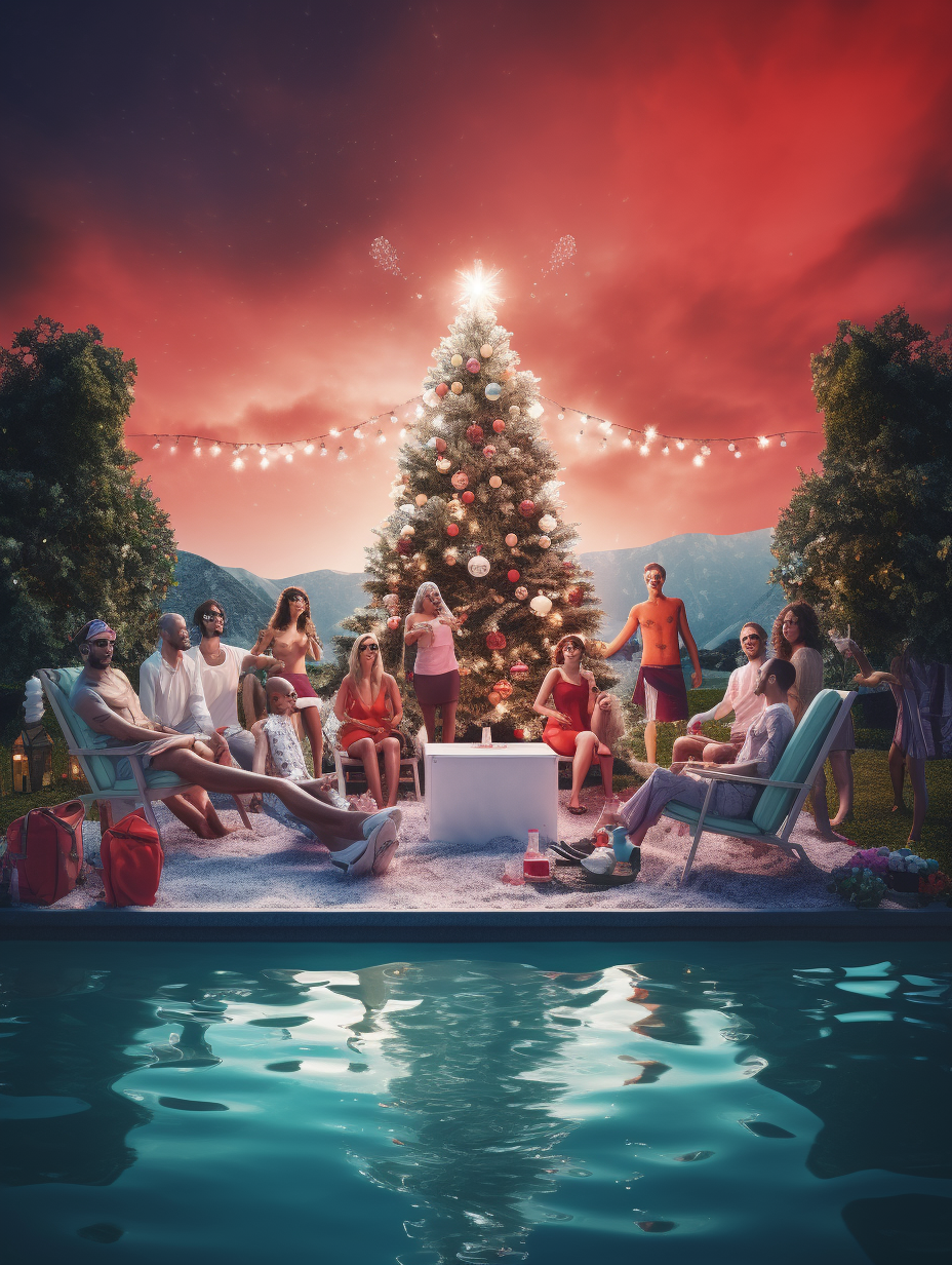 Group of happy people at a summertime pool party with Christmas trees