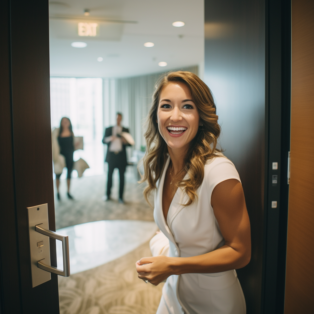 Woman entering wedding proposal hotel room